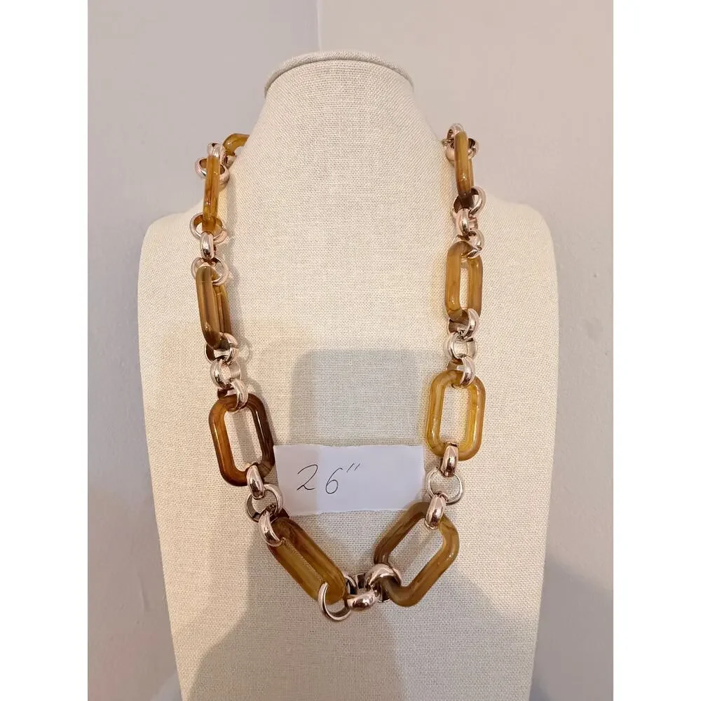 Spring Street Chunky Resin Link Necklace 26” Amber Gold Tone Chain